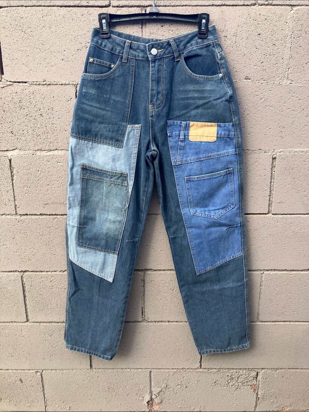 Patchwork Boyfriend Jeans in Multi-Blue with Tan Accent